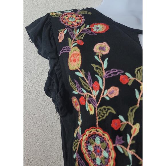 Entro Black Multicolor Embroidered Floral Peasant Top Small Lightweight Flowy - Picture 6 of 6